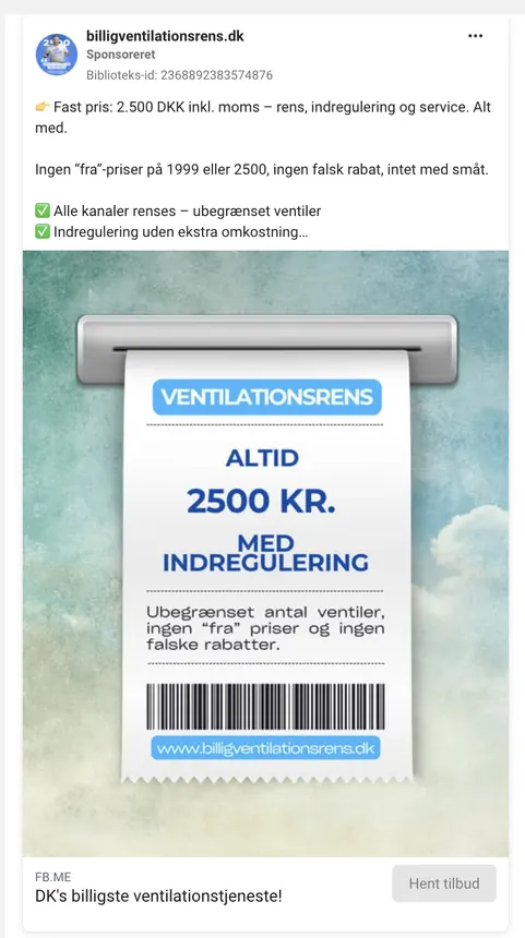 Meta-annonce for billigventilationsrens.dk